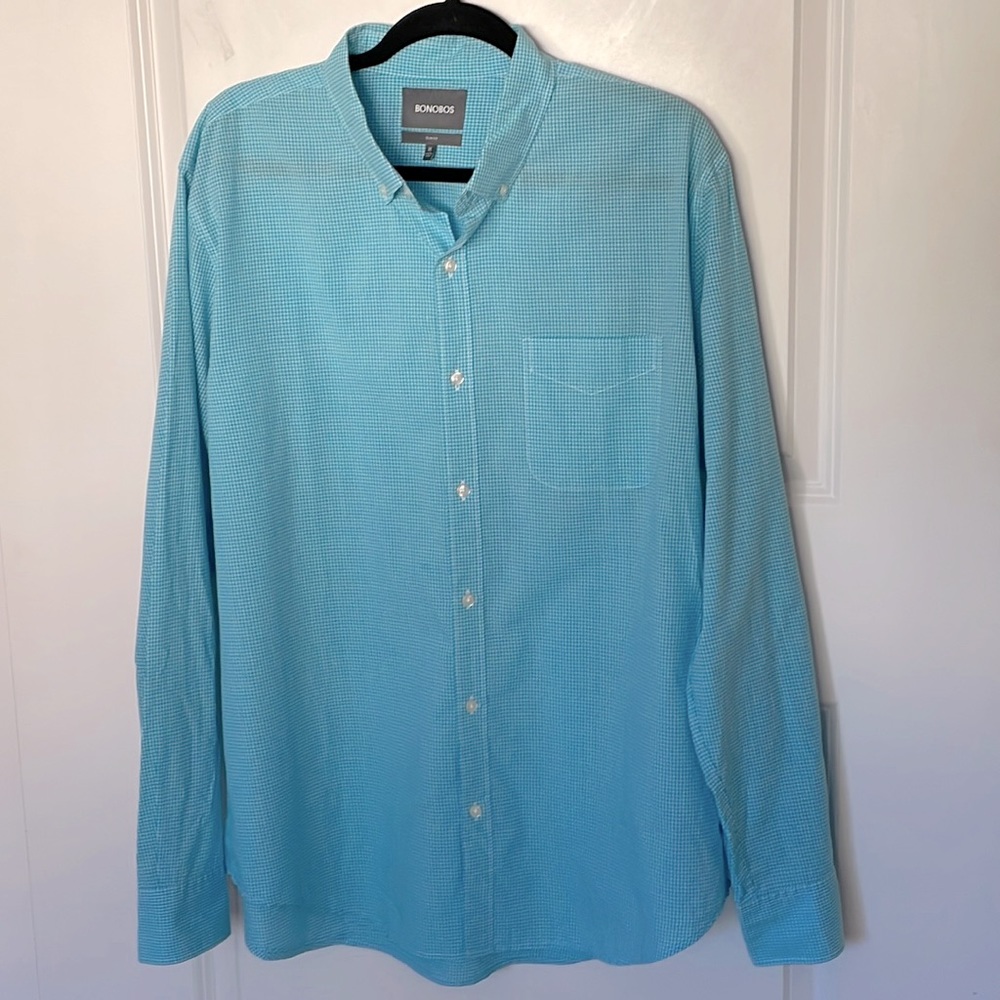 Bonobos Turquoise Check Long Sleeve Button Down Shirt Slim Fit XL